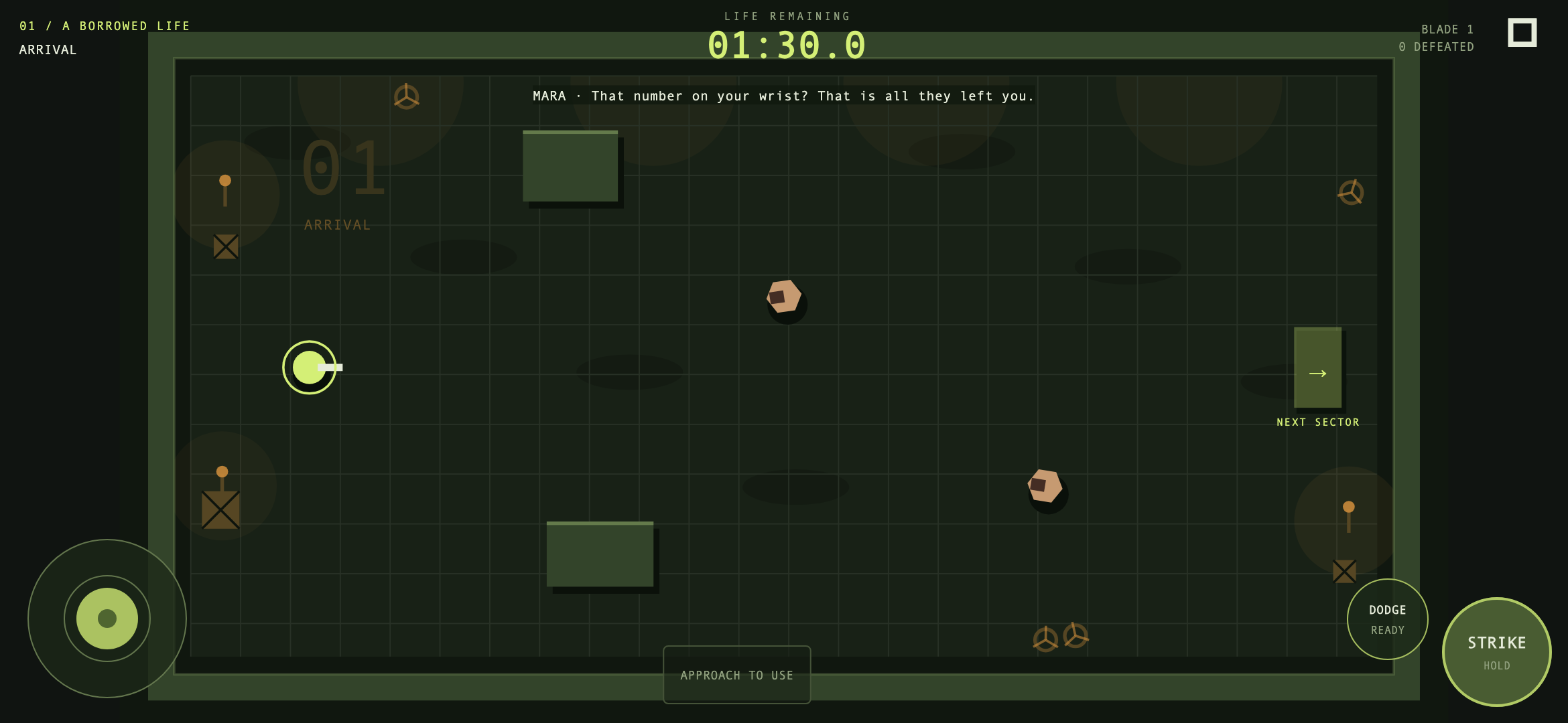 The first district: a green figure with a drawn blade faces two hunters in a stone arena while the clock reads one minute thirty.