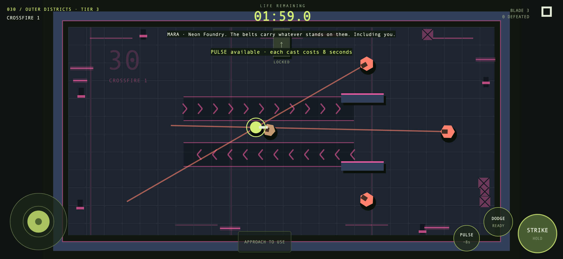 Neon Foundry: pink conveyor belts cross a blue floor while sentries line up shots.
