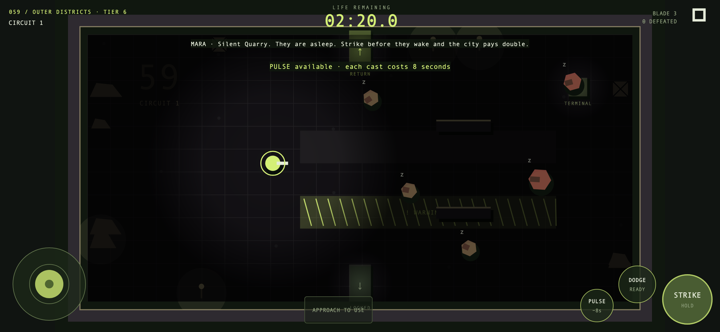 Silent Quarry: a cone of light around the player in a dark room of sleeping enemies.